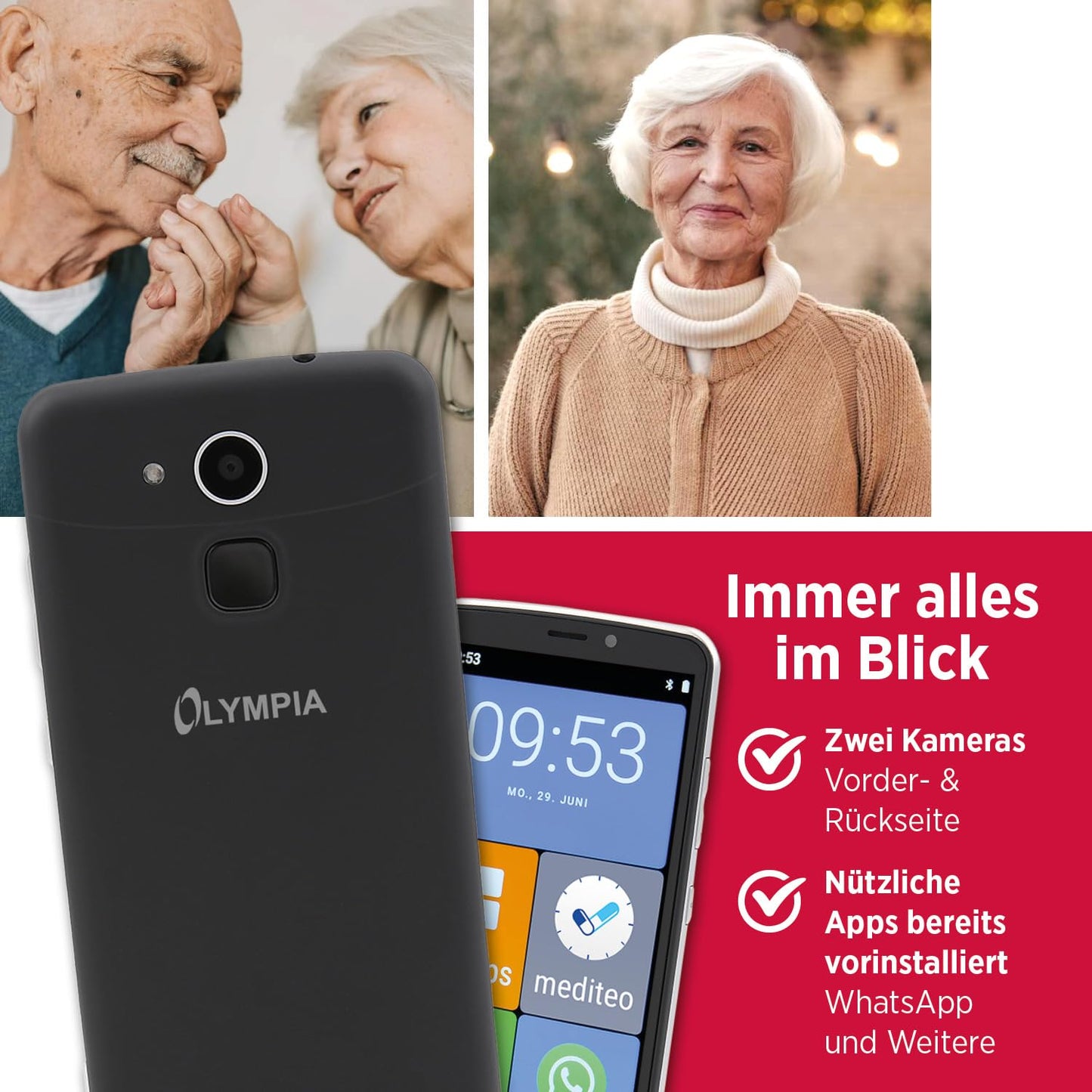 Olympia Neo 16 GB smartphone for seniors | Extra large display | Hearing aid compatible | Emergency call button | Senior smartphone 5.5" display | Whatsapp & Mediteo pre-installed | 8MP camera | Black