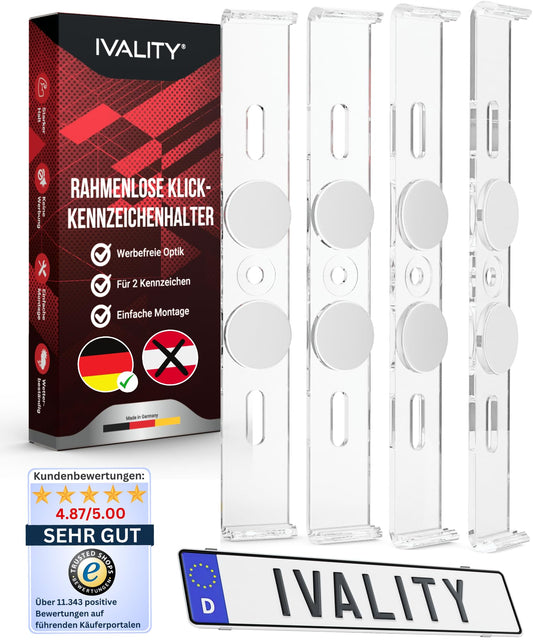 IVALITY® License Plate Holder Frameless - Bracket for 2X German License Plates, Universal License Plate Holder, Car License Plate Mount, 100% legal and Made in Germany.