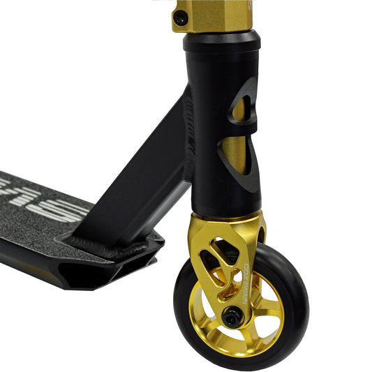 Cox Swain Stunt Scooter X-385, SCS compression, CNC fork, 100mm PU/aluminum wheels, ABEC 9, for kids + adults, beginners + pros, super stable - black/gold