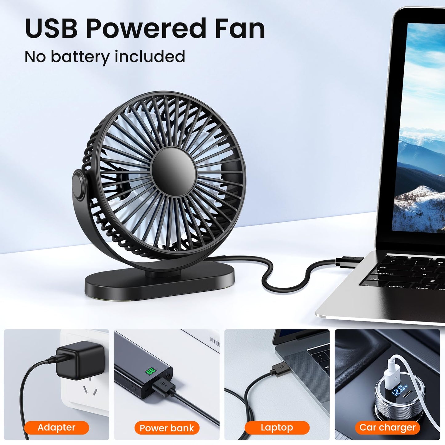 USB desk fan, powerful portable mini fan, 3 speeds for fast cooling, ultra-quiet & vibration-free, 360° rotating small fan with hook for home/office/kitchen.