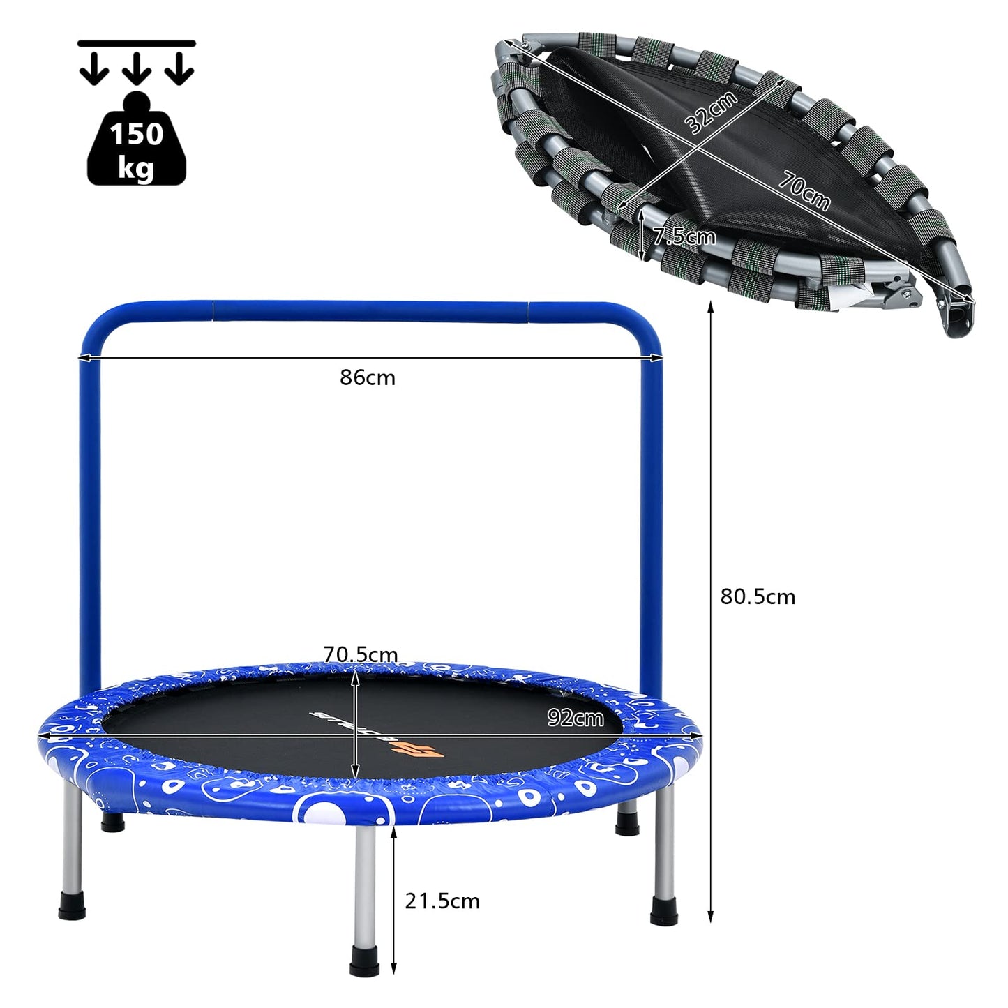 GOPLUS 92cm Children's Mini Trampoline with Handle, Foldable Garden Trampoline up to 150kg load capacity, Kids Trampoline for Indoor & Outdoor & Garden, sturdy Safety Trampoline for Toddlers (Blue)