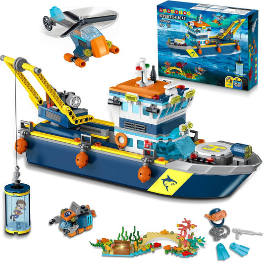 HOGOKIDS City Floating Boat Building Kit with LED Lights - Fun Arctic Explorer Ship Building Brick Ocean Exploration with Helicopter Submarine Birthday Gift for 6+ Year Old Boys Girls Kids
