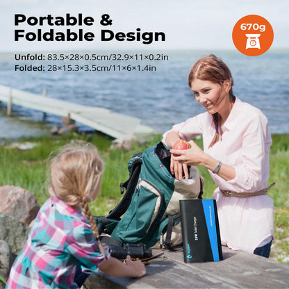 BigBlue 28W Portable Solar Charger with 2 ports (USB-C/USB-A), 5V/4A total output, IP44 solar panel with digital ammeter and zipper protection for devices like iPhone, Android, GoPro, and more.
