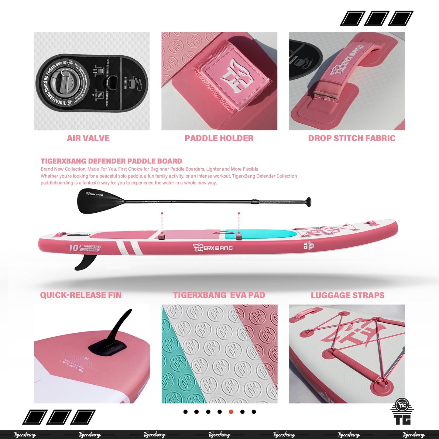 TIGERXBANG Inflatable SUP Boards Stand Up Paddleboarding 305x80x15cm with high-quality SUP accessories, Allround paddle boards for adults/kids, Defender Collection Pink