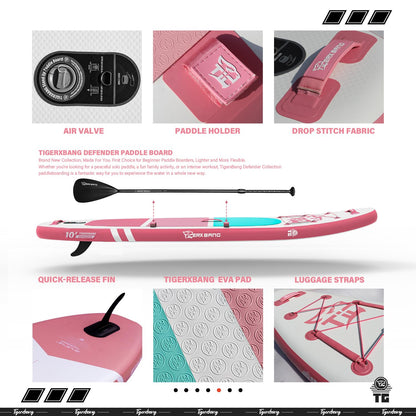 TIGERXBANG Inflatable SUP Boards Stand Up Paddleboarding 305x80x15cm with high-quality SUP accessories, Allround paddle boards for adults/kids, Defender Collection Pink