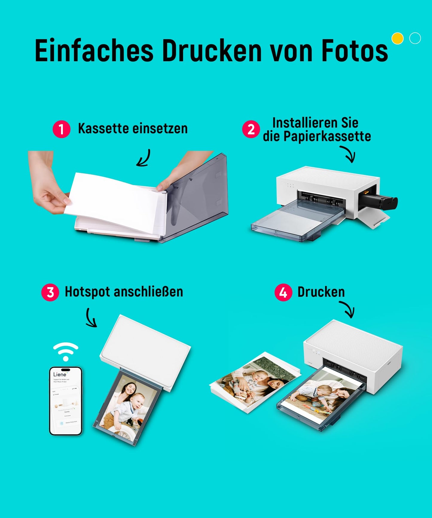 Compact photo printer for smartphone (4x6 inches) + set with 2 packs (20+80 sheets) of photo paper/cartridges, WiFi mobile photo printer for iPhone/Android/PC, 300DPI color sublimation instant photo printer, portable printer.