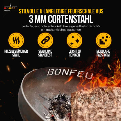 BonFeu BonBowl fire bowl 80 cm - Fire bowls for the garden - Outdoor fire pit - Fire bowl with optional grill grate made of high-quality Corten steel - Fire basket for the garden - 80x80x21 cm.