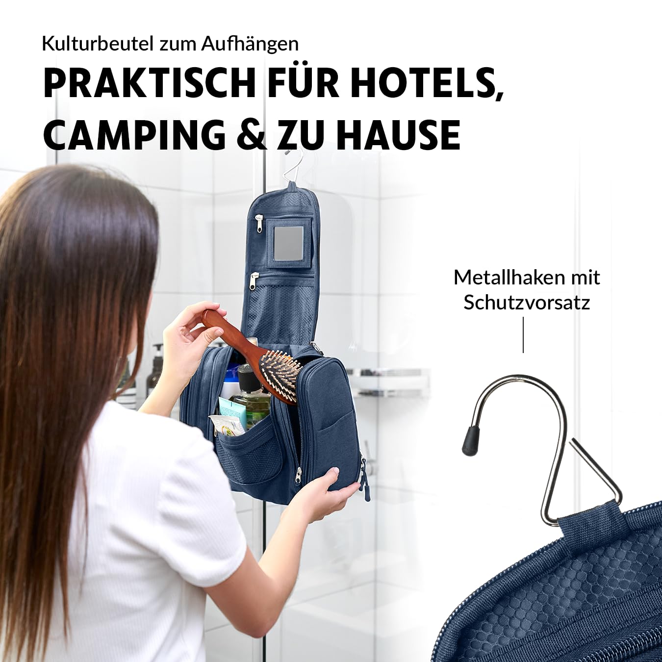 Obics culture bag for men & women big blue 8L XL - toiletry bag for hanging & with mirror - cosmetic bag with handle hanging - large beauty case - wash bag with 10 compartments for camping trips
