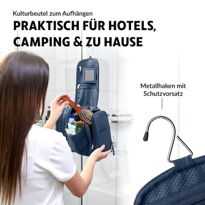 Obics culture bag for men & women big blue 8L XL - toiletry bag for hanging & with mirror - cosmetic bag with handle hanging - large beauty case - wash bag with 10 compartments for camping trips