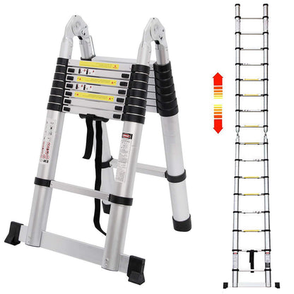 5M telescopic ladder Aluminum ladder Extendable folding ladder 2.5M + 2.5M Telescopic ladder with stabilizer, High multi-purpose ladder, 150 kg capacity