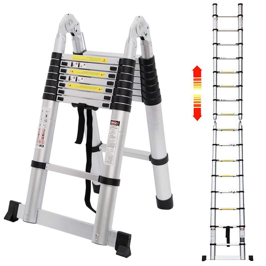 5M telescopic ladder Aluminum ladder Extendable folding ladder 2.5M + 2.5M Telescopic ladder with stabilizer, High multi-purpose ladder, 150 kg capacity