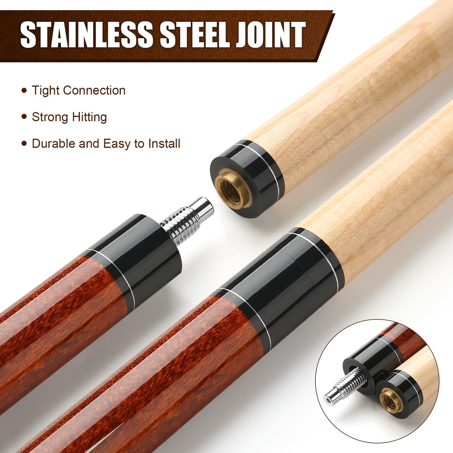 ASMPCUE Pool Cue, 58 Inch Billiard Cue Canadian Maple Wood Pool Cue 13mm Tips for Professional Billiard Players, 1/2 Maple Cue Sticks for Billiard Table Sport (Brown)