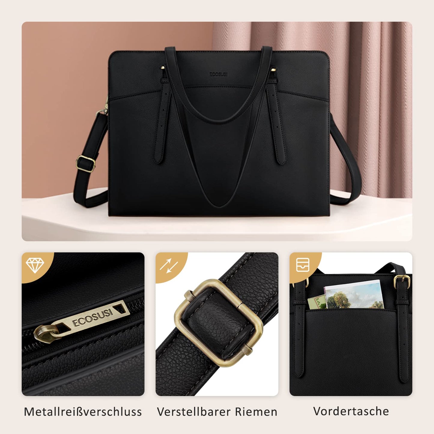 ECOSUSI women's laptop handbag, 15.6-inch laptop bag, shoulder bag, shopper, large business bag made of leather, work bag, notebook bag.