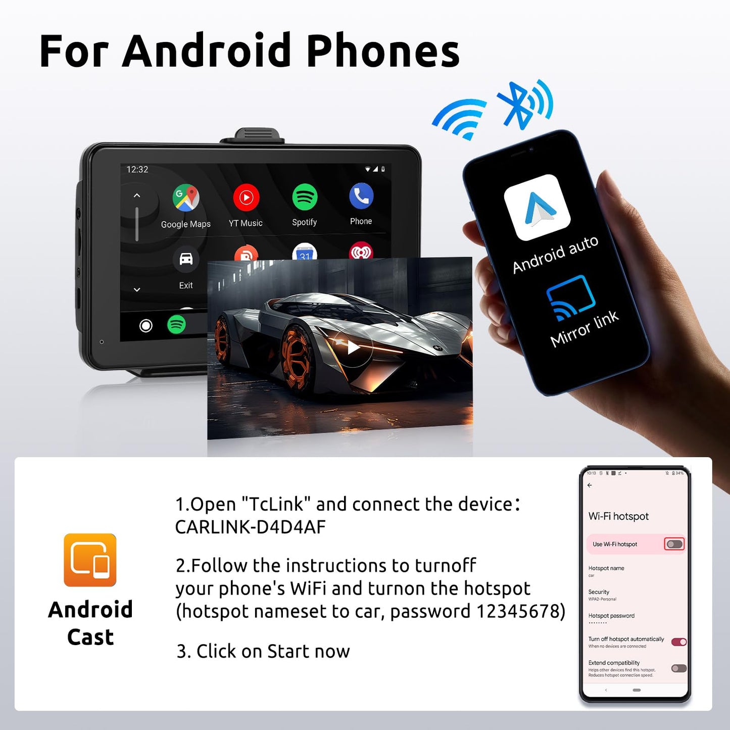 Wireless CarPlay Android Auto Mirror Link, 7-inch Touchscreen Monitor CarPlay screen Digital Media Receiver Car Radio Receiver Wireless Car Stereo with Bluetooth Car Multimedia Player 9V-32V