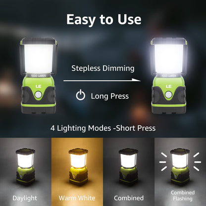 The LE LED camping lantern, ultra bright with 1000 lumens, 3 adjustable brightness levels, battery-powered emergency light for power outages, camping, emergencies, and more.
