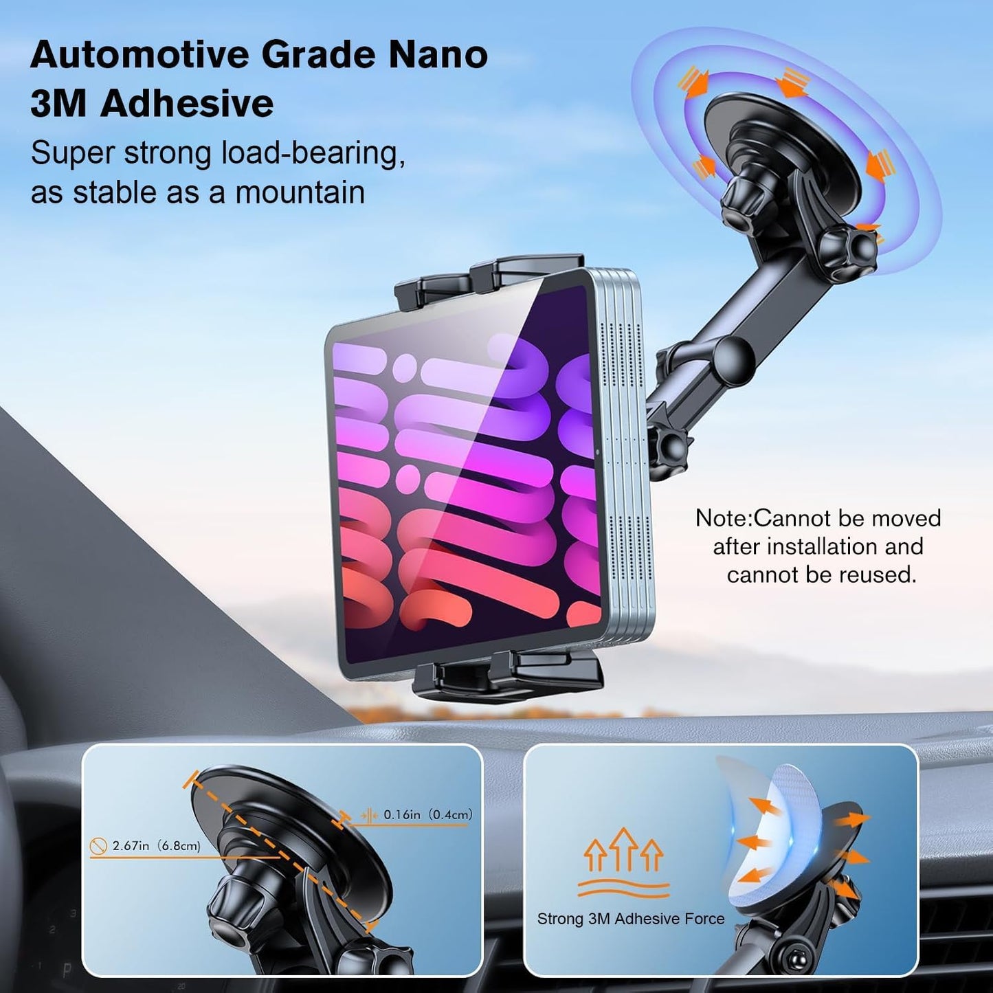 OHLPRO Tablet Holder for Car with 3M Adhesive Pads, 360° Rotating Adjustable iPad Car Mount, Universal Windshield & Dashboard, for All 5-13 Inch Phones and Tablet Holders