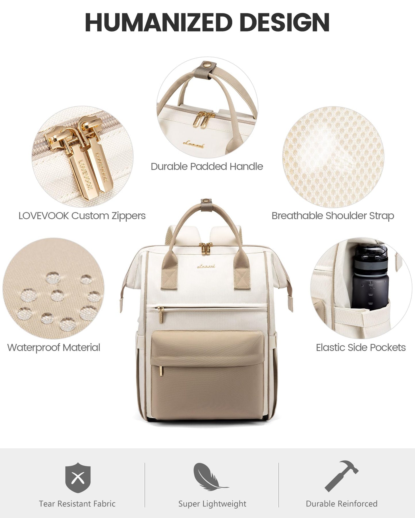 LOVEVOOK Backpack for Women, 17 Inch Laptop Work Bag Travel Backpack School Bag Large, Waterproof Daypacks Teacher Bag Backpack Women Elegant for Work Travel School College Office, Beige