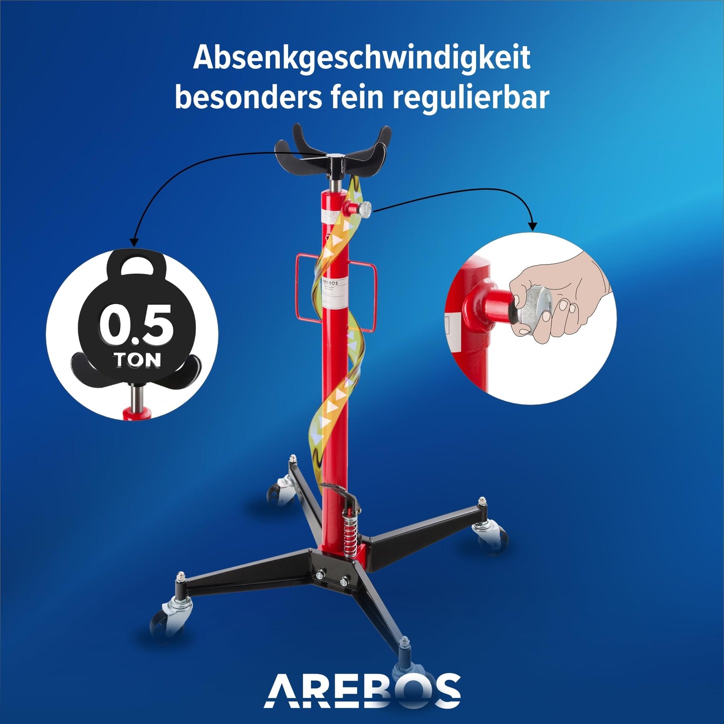 Arebos hydraulic gear lifter | 500 kg engine lifter | working height 105-185 cm | 4 swivel casters incl. foot pedal | continuously adjustable | hydraulic | red/black