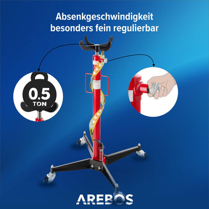 Arebos hydraulic gear lifter | 500 kg engine lifter | working height 105-185 cm | 4 swivel casters incl. foot pedal | continuously adjustable | hydraulic | red/black