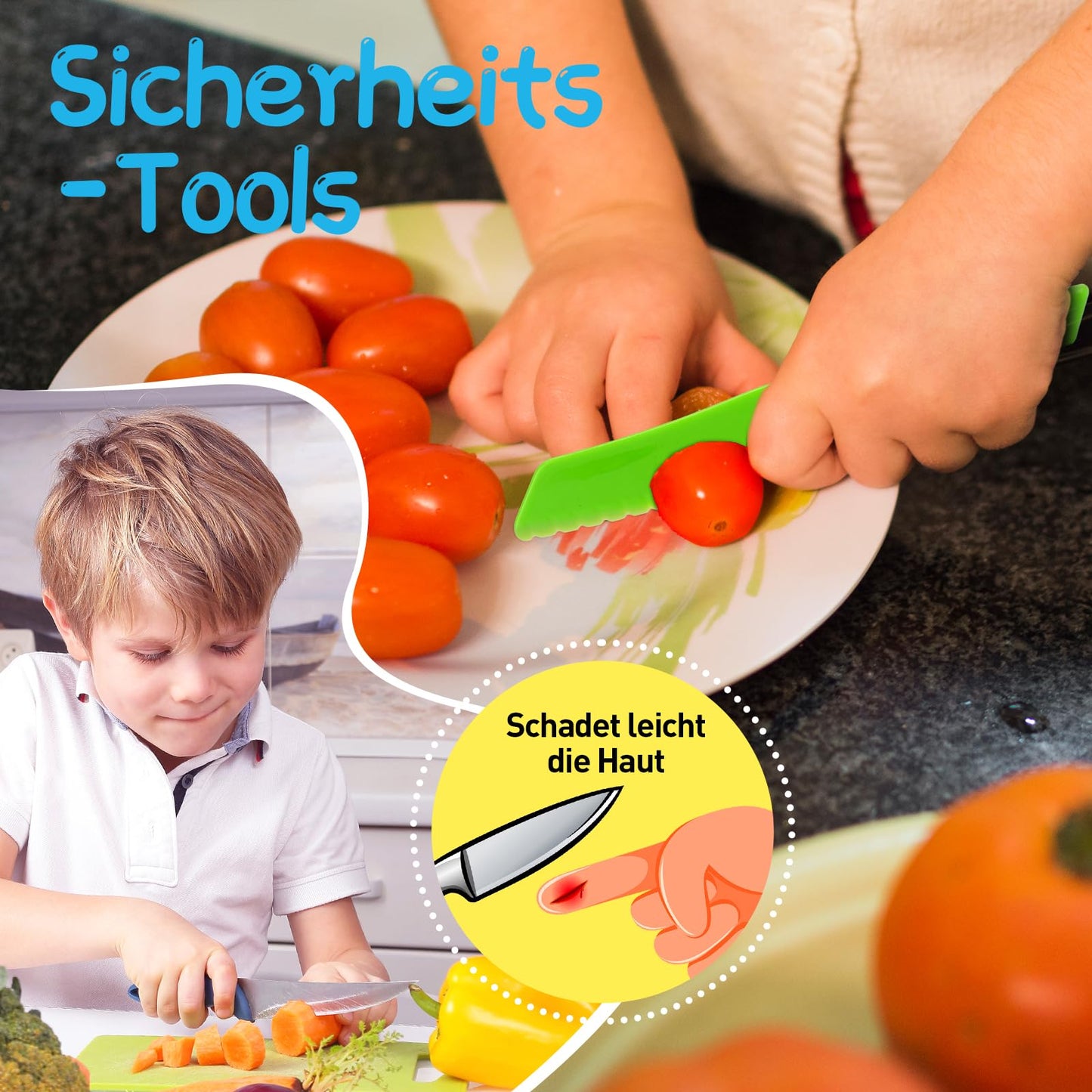 Children's knife 16-piece children's safety cooking knife kitchen knife set with vegetable cutters, wooden knives, cutting board etc. Montessori toy as a birthday gift for children aged 2 years and older.