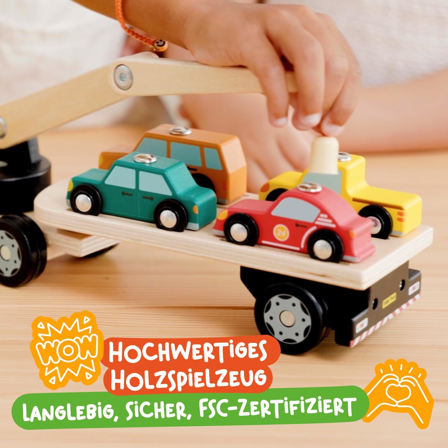 Nene Toys wooden car transporter with crane & 4 magnet cars - magnetic toy for kids aged 2 years & up - Montessori wooden toy & learning game with vehicles - gift for boys girls 2-3 years
