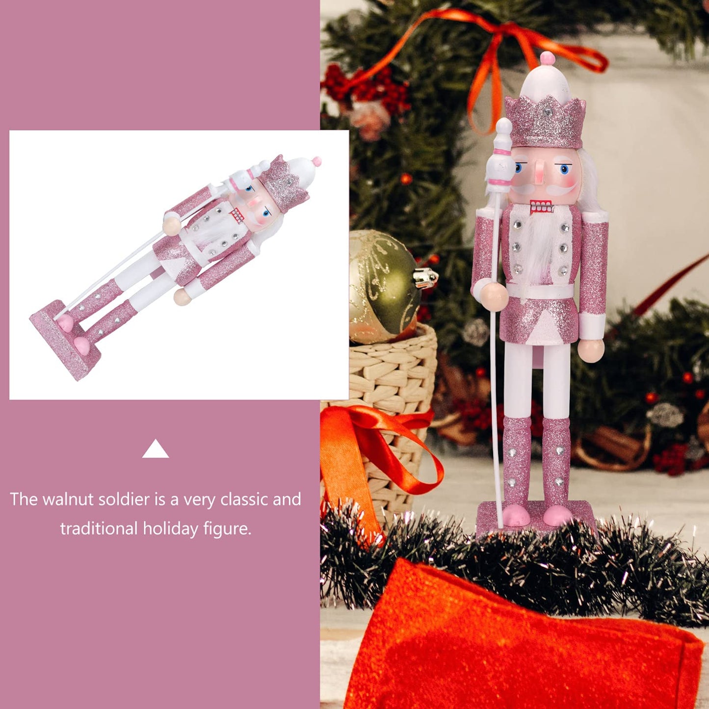 Veemoon Pink Christmas Nutcracker with Cane 30.5 cm Handcrafted wooden nutcracker for home party tabletop shelves Christmas figure decoration