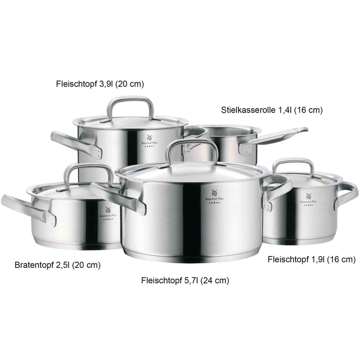 WMF Gourmet Plus 5-piece Induction Pot Set, includes metal lids, made of Cromargan stainless steel, non-coated induction pots with inner scaling.