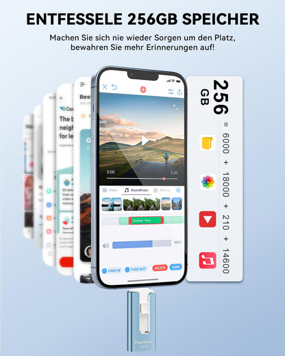 GNASEET USB stick 256GB for iPhone, 4 in 1 USB flash drive for iPhone/iPad/Android phone/PC, USB 3.0 memory stick high-speed flash drive, iPhone external storage expansion photo stick, blue.