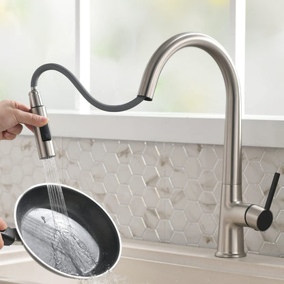 TIMACO High Pressure Kitchen Faucet, Pull Down Kitchen Faucet, Kitchen Sink Faucet 360° Rotatable, Kitchen Mixer Tap with Sprayer, Sink Tap with Two Flow Patterns, 304 Stainless Steel, Brushed Nickel