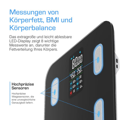 Active Era Bluetooth Body Fat Scale with large LED display - Bluetooth body fat scale with 16 measurements, highly accurate body weight, Body Mass Index (BMI), Free smartphone app (Black)