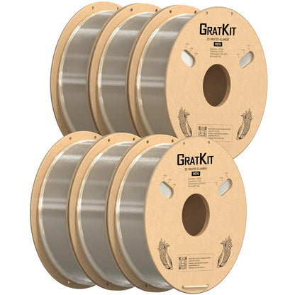 GratKit PETG 3D printer filament 1.75mm 6kg spool, 3D printing filament ±0.03mm precision, Easy to print, Even winding, 6 * 1KG, 6 Packs, Transparent