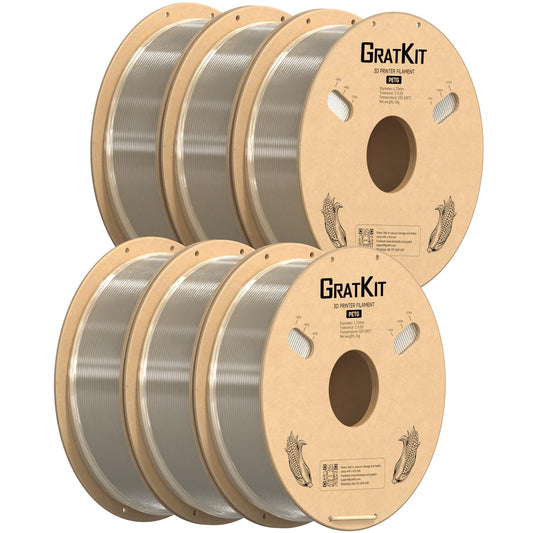 GratKit PETG 3D printer filament 1.75mm 6kg spool, 3D printing filament ±0.03mm precision, Easy to print, Even winding, 6 * 1KG, 6 Packs, Transparent