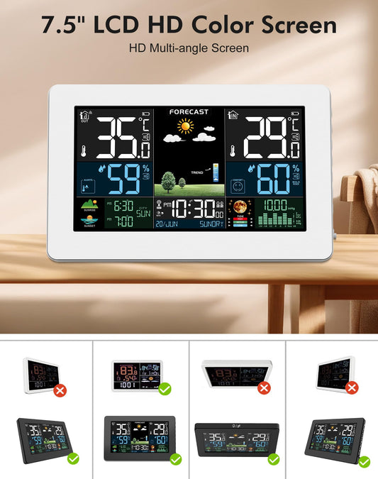 Weather station with wireless outdoor sensor, color display, weather forecast, temperature, humidity, alarm with snooze function, air pressure, 60m transmission range, for indoor and outdoor use.