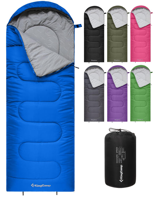 KingCamp Oasis sleeping bags with headrest for adults. Lightweight, 3 seasons, Blue, 220 × 75 cm.