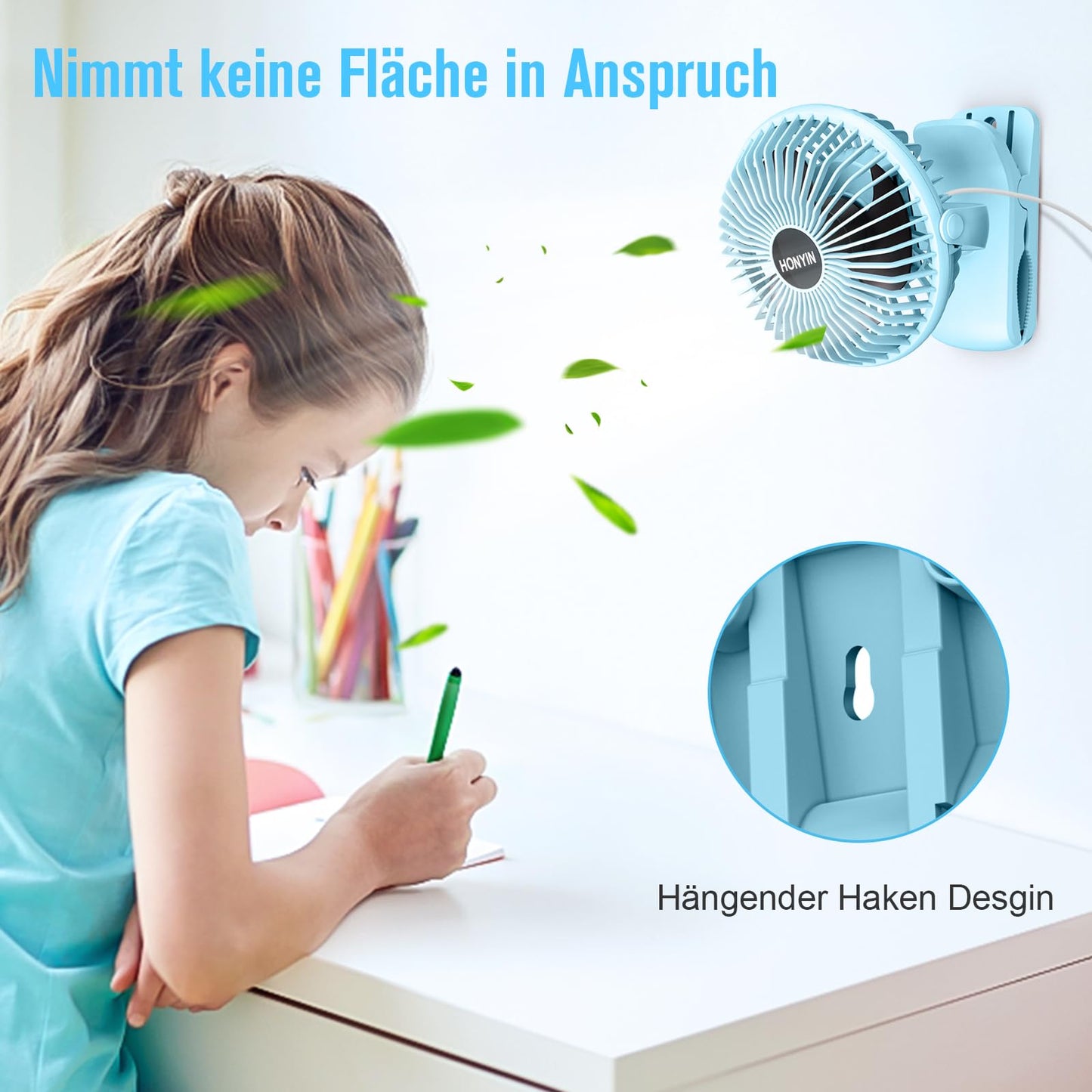 HONYIN Mini Fan with Clip, 720 Degree Rotation Small USB Fan, Strong + Stable Clamp, 3 Speed Levels, Ideal as Desk Fan in Office and Bedroom.