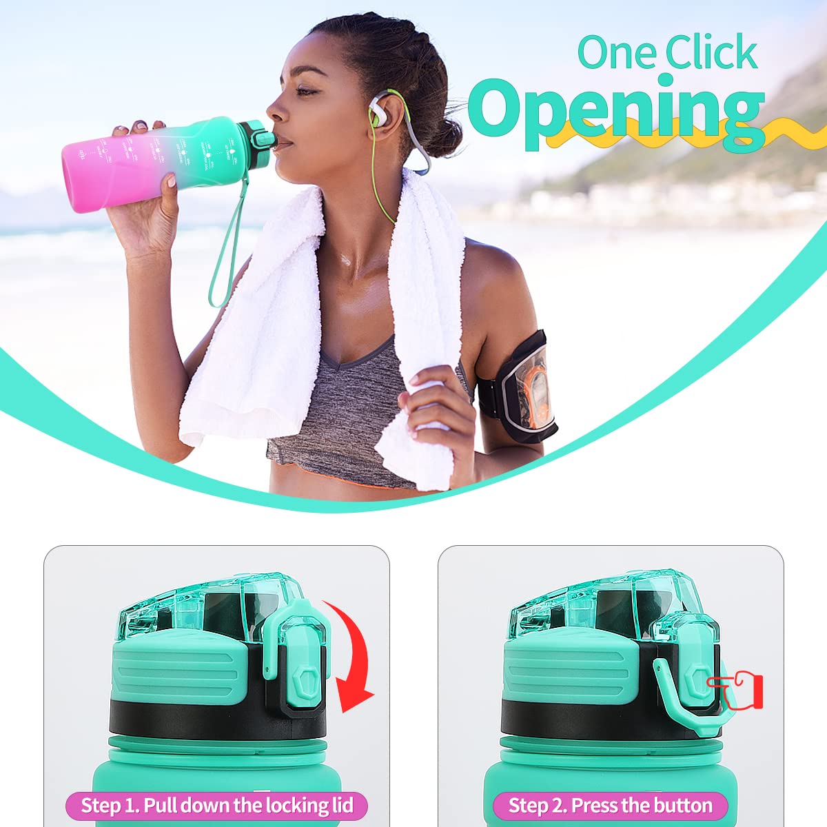 Coolfel sports water bottle with sizes of 2L, 1.5L, 1L, 700ml, and 500ml. Leak-proof, motivational water bottle with time markings. BPA-free Tritan bottle for girls, boys, school, gym.