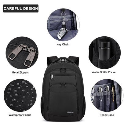 Liokesa backpack for men, 15.6 inch laptop backpack for men, school backpack for teenage boys with USB charging port for business work backpack, for college travel, work, school, black