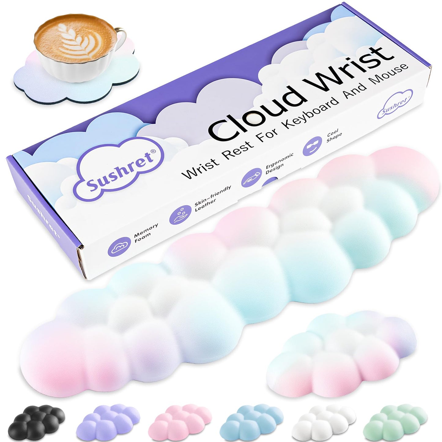 Sushret Cloud Wrist Rest Keyboard, Ergonomic Cloud Wrist Rest Keyboard with PU Leather Memory Foam, Cute Cloud Wrist Rest Pad for PC/Gaming/Arm Handpad/Computer - Rainbow