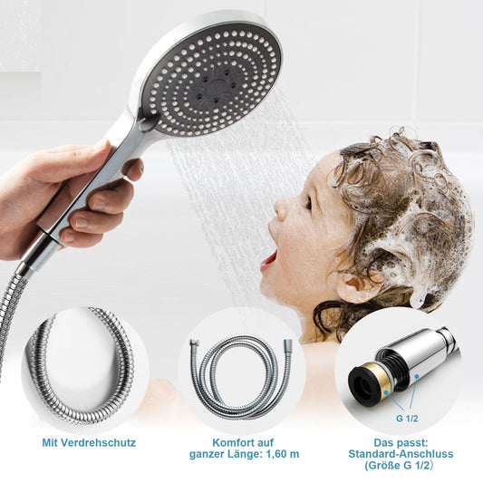 OFFO shower head with 1.6m hose, shower head with twist protection, large shower head with 6 spray modes, water-saving, chrome shower hose with head for bathing.