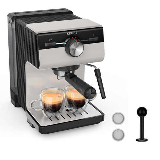 KRUPS Authentic Espresso Machine, 15 bar, intuitive operation, refined design, integrated steam wand, 2L water tank, accessories included, Grey/Cream, XP381B10