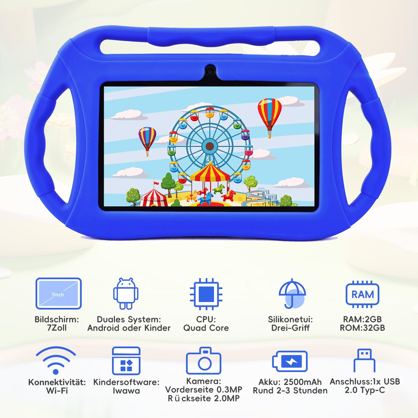 Veidoo Children's Tablet 7 Inch Android 32GB, WiFi, GMS, Dual Camera, Parental Control, Learning Educational Toddler Tablet with Silicone Case (Blue)