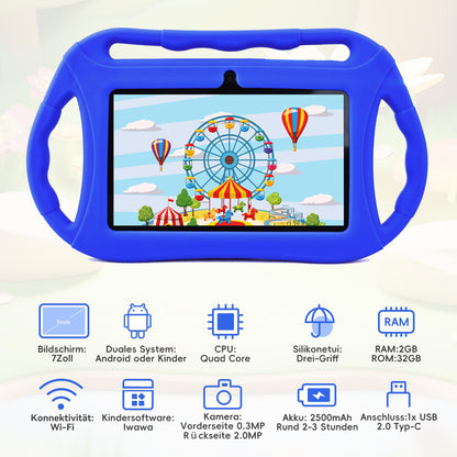 Veidoo Children's Tablet 7 Inch Android 32GB, WiFi, GMS, Dual Camera, Parental Control, Learning Educational Toddler Tablet with Silicone Case (Blue)