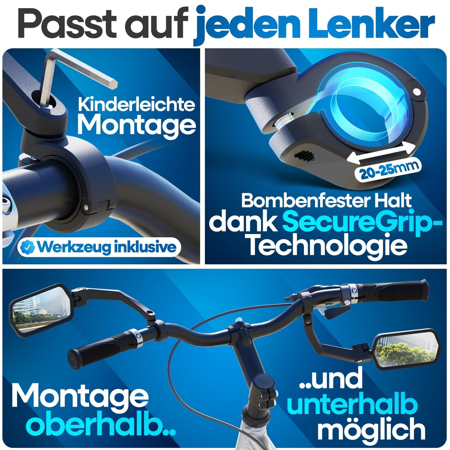 NEXTCOVER® handlebar bike mirror [right] with ProVision real glass I stable bike rearview mirror I mirror right I bike rearview mirror I eBike I EScooter I bike mirror E Bike