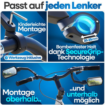NEXTCOVER® handlebar bike mirror [right] with ProVision real glass I stable bike rearview mirror I mirror right I bike rearview mirror I eBike I EScooter I bike mirror E Bike