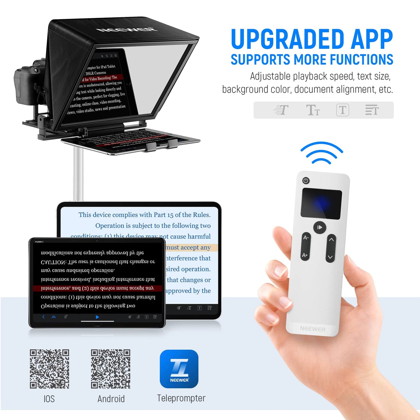 NEEWER Teleprompter X14 with RT 110 remote control and APP control (Bluetooth connection via NEEWER Teleprompter App), portable, no assembly required, compatible with iPad, Android, tablet, smartphone, DSLR camera.