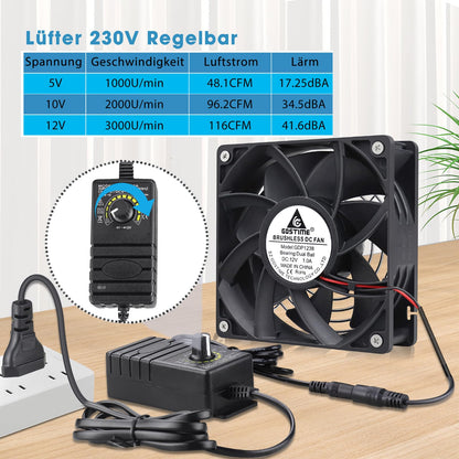 GDSTIME fan 230V 120mm fan 220v 120x120x38 double ball bearing DC 4V-12V adjustable speed for PC cabinet server grow tent laser cutter cooling ventilation