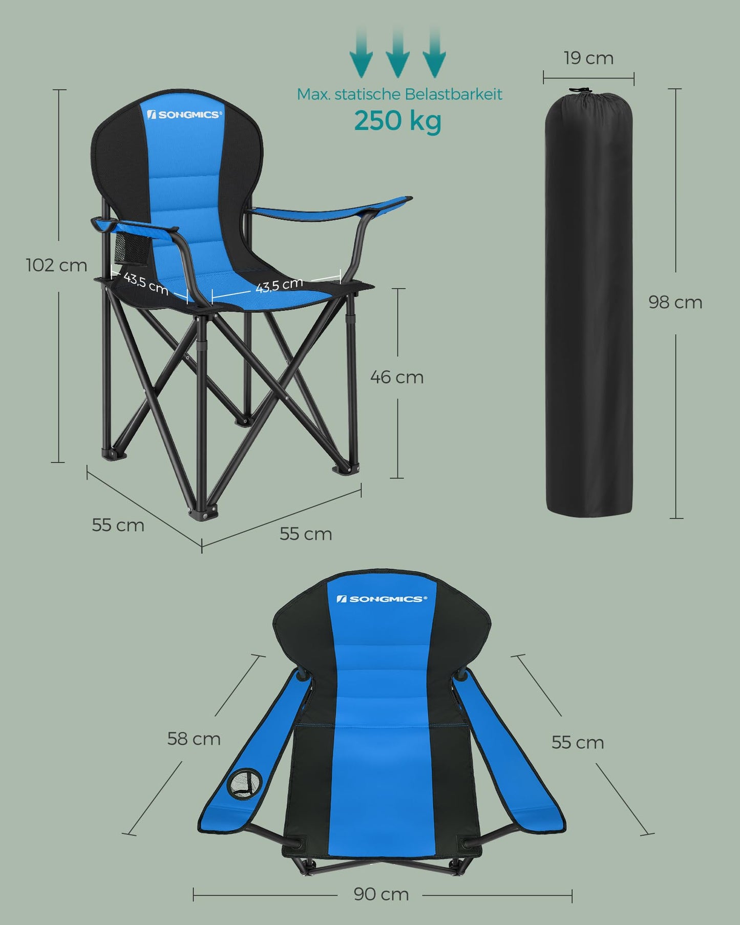 SONGMICS Beach Chair, Camping Chair, Folding Chair with Drink Holder, Foam Padding, Foldable, Supports up to 250 kg, Outdoor Chair, Blue-Black GCB06BU