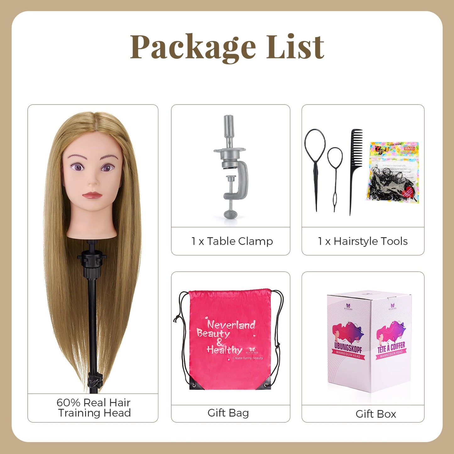 Neverland Hairstyling Head, 28 Inch 60% Real Human Hair Mannequin Head for Hairdressing with Table Clamp + DIY Hair Styling Tools Set (Gold)