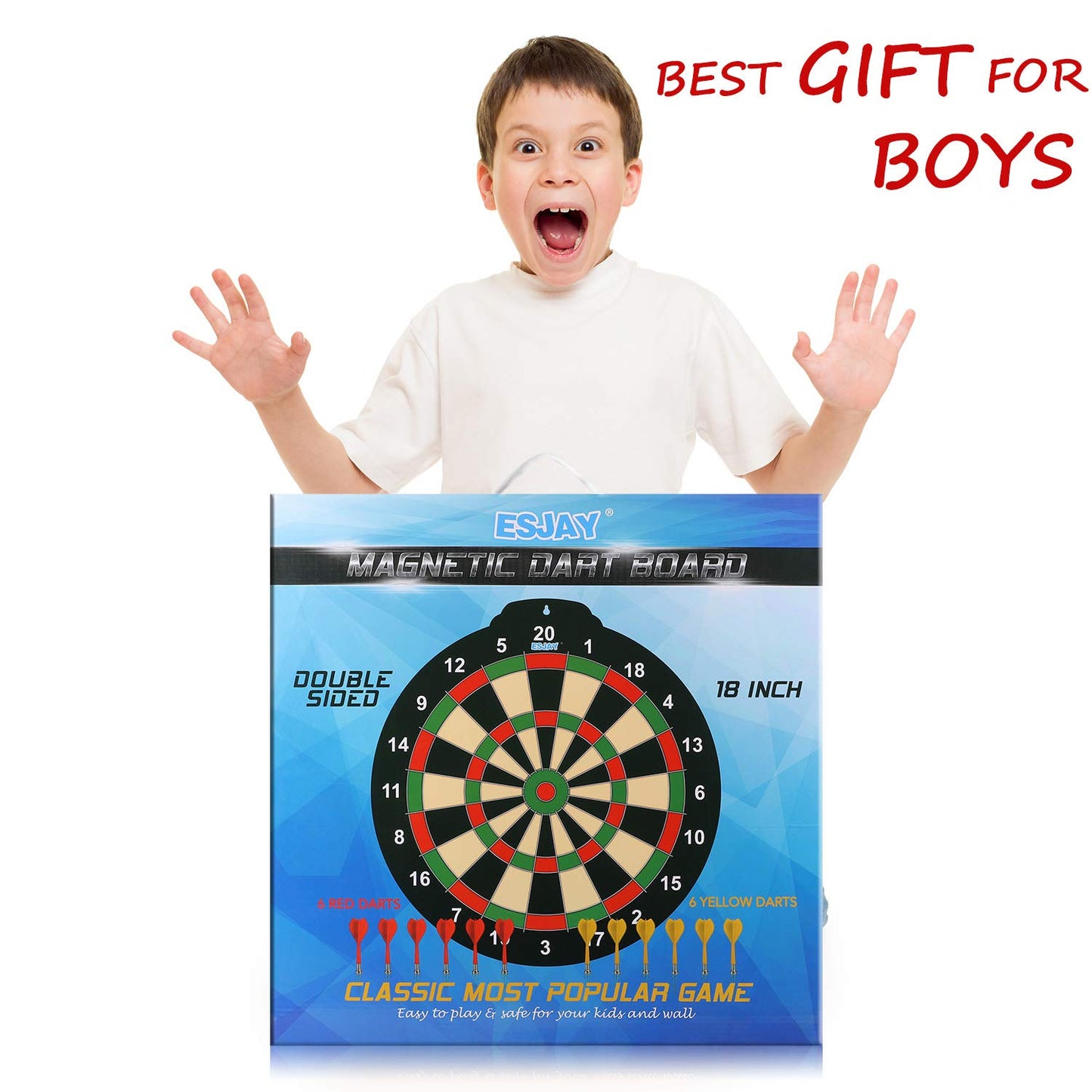 Esjay 45.7cm Magnetic Dartboard Set, safe dart game for kids ages 8+, perfect indoor & outdoor toy gift, includes 12 darts, double-sided dartboard.