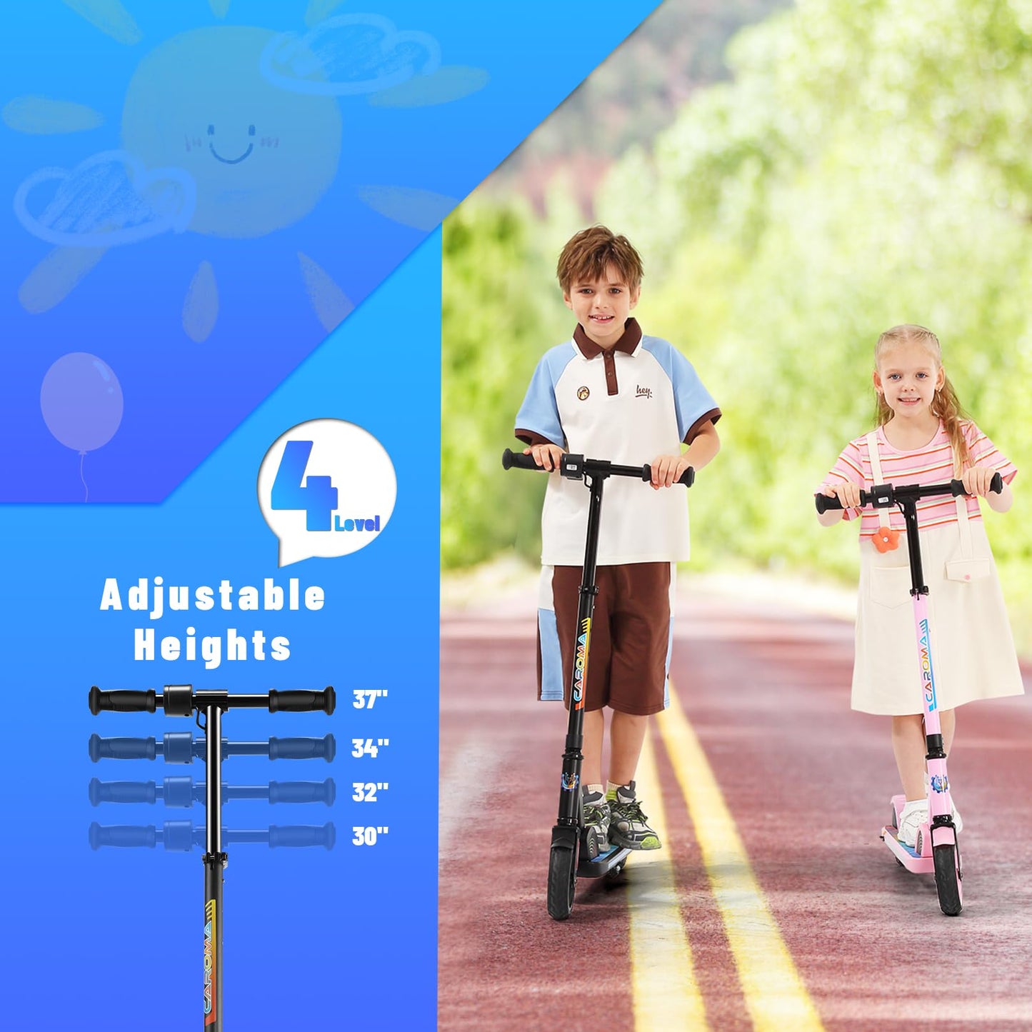 Caroma E-Scooter for kids aged 6-14, 180W motor, 16 km/h, 80 mins ride time, adjustable speed and height, colorful lights, LED display, foldable kids electric scooter